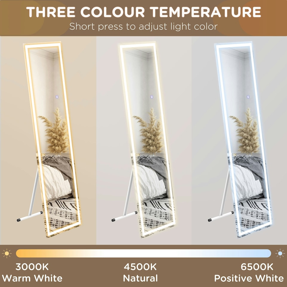 image 1 of HOMCOM Full Size Body LED Mirror, Dimmable Lighted Mirror for Bedroom