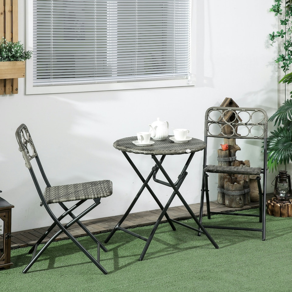 image 1 of Outsunny 3 PCS Folding Rattan Wicker Bistro Set, Coffee Table Set