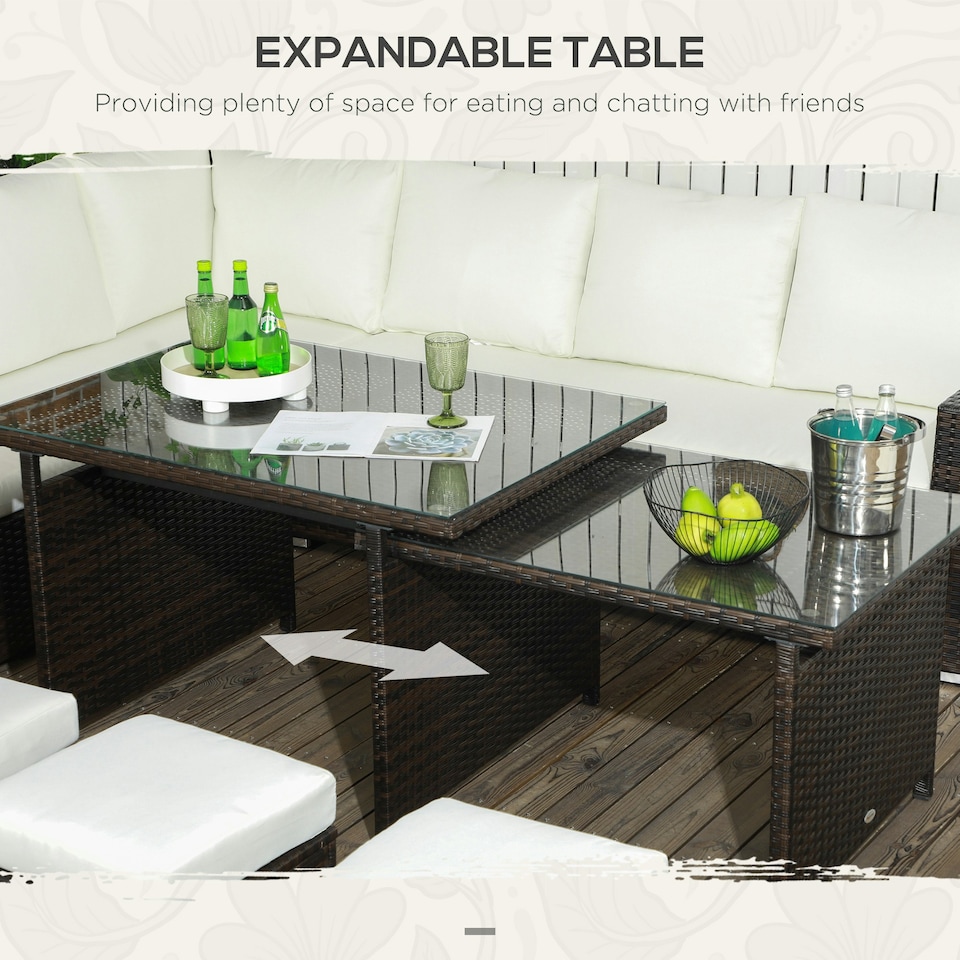 image 1 of Outsunny 10-Seater Sofa Sectional w/ Cushioned Seat, Footstools and Glass Table