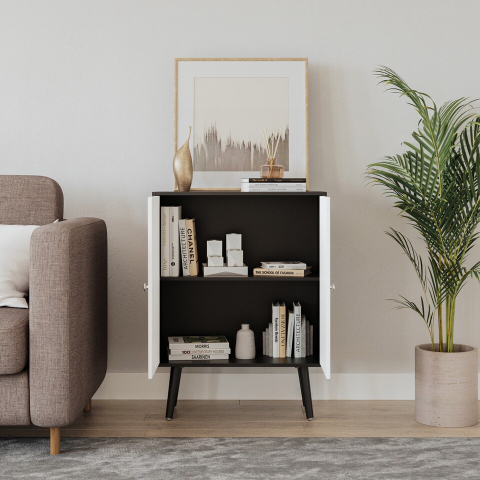 image 1 of Black 2-Tier 2-Door Wooden Cabinet With Legs | White | White & Black | 0 x 0 x 0 | 1