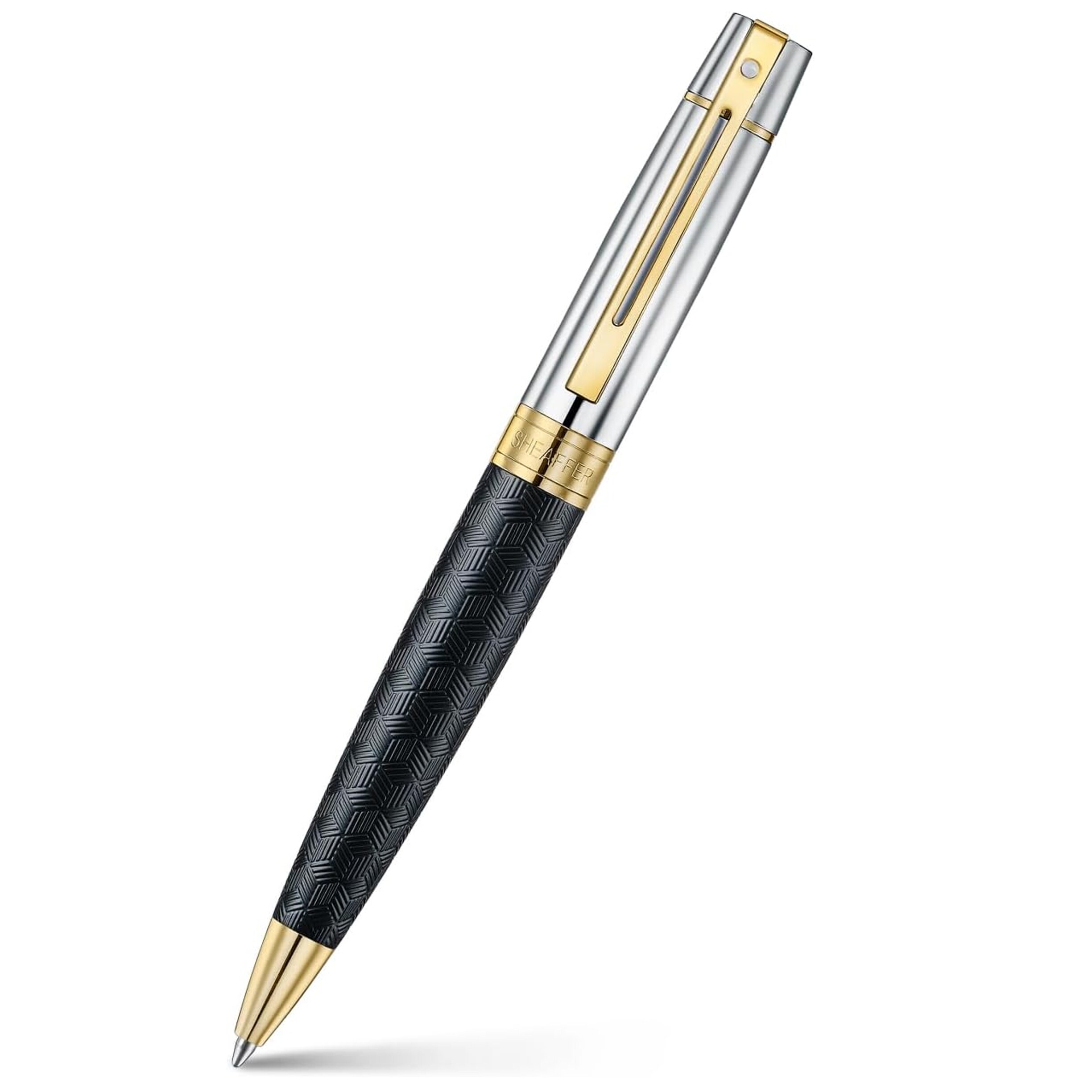 Sheaffer 300 Ballpoint Pen Engraved Matte Black Barrel and Shiny Chrome Cap with PVD Gold Trims