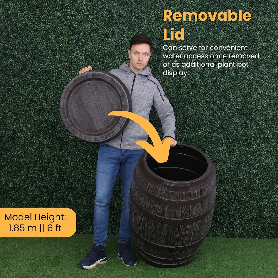 image 1 of Water Butt Kit with Tap, Diverter & Bio Cleaner – Rainwater Collector for Garden, Balcony & Terrace – Durable Plastic Water Storage Tank | Brown | 250L