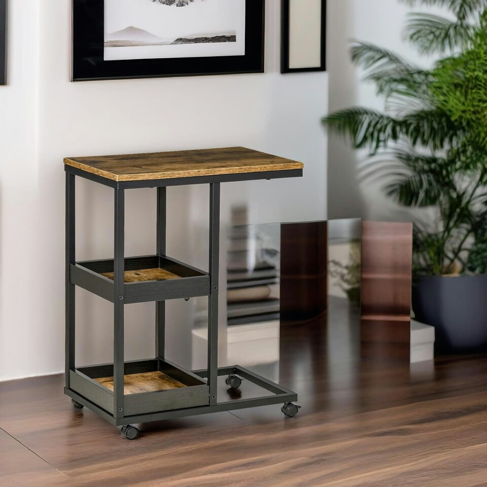 image 1 of Industrial C Shaped Side Table 3-Tier With Wheels Brown