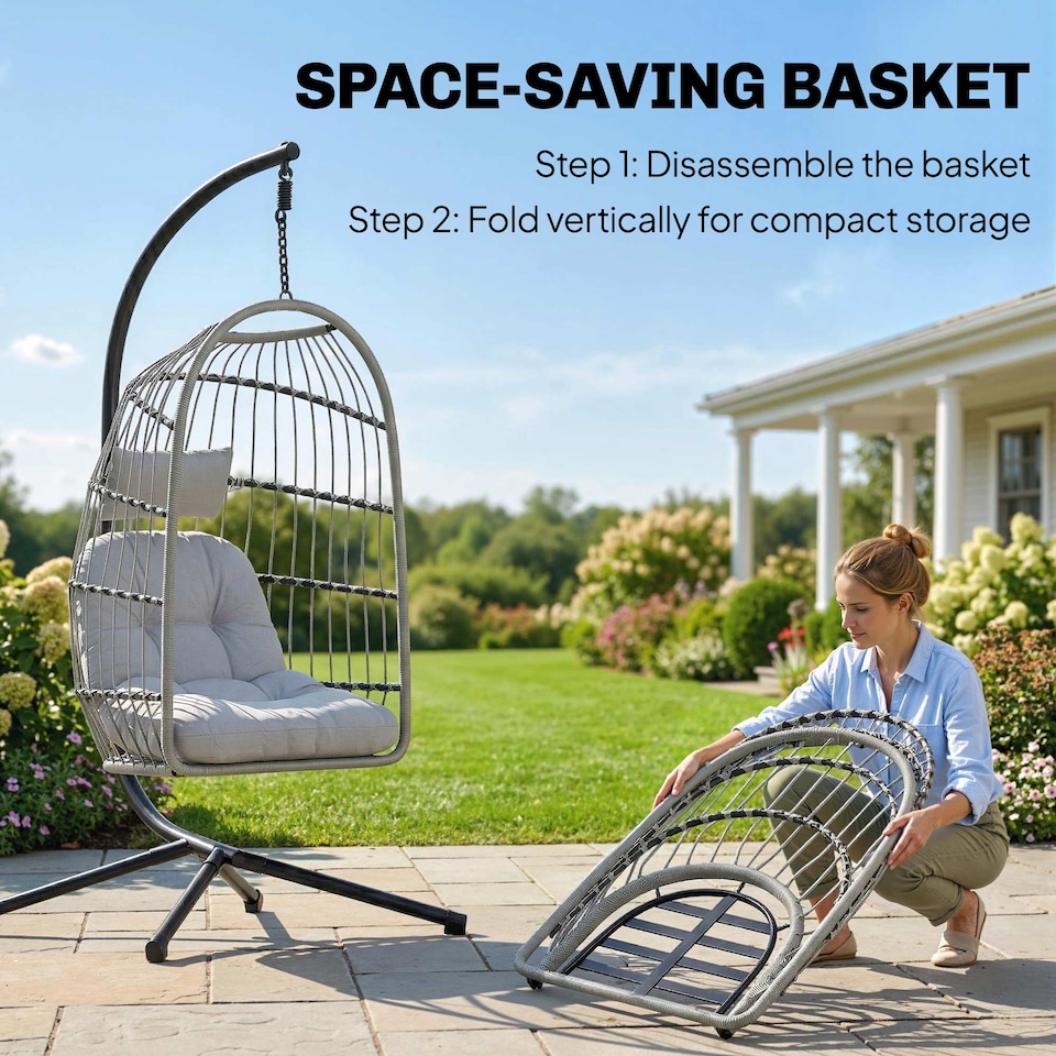 image 1 of Outsunny Hanging Egg Chair, Outdoor Swing Chair with Stand, Light Grey | Grey | Light Grey | One Size