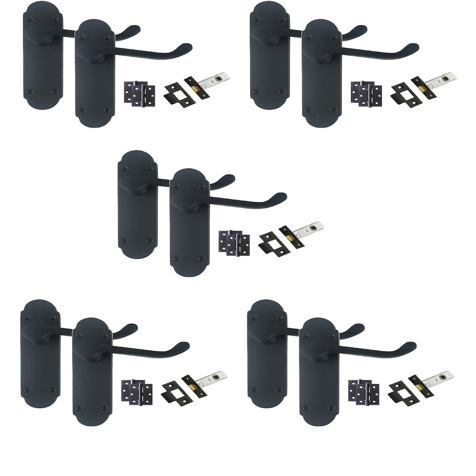 image 1 of Golden Grace 5 Sets Victorian Scroll Design Door Handles Lever on Shaped Backplate in Matt Black - Latch Door Pack with Ball Bearing Hinges Black