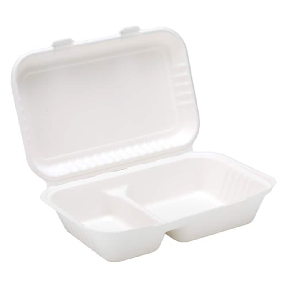 image 1 of White Compostable Bagasse 2 Compartment Takeaway Lunch Box 25cm - Pack of 125