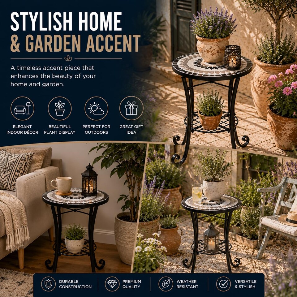 image 1 of Medina Mosaic Plant Stand Side Table with Ceramic Tile Top for Indoor and Outdoor Use