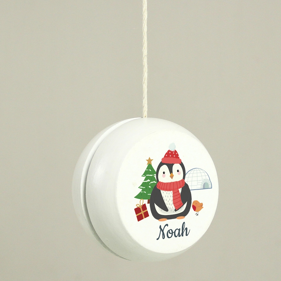 image 1 of Personalised Christmas Penguin White Wooden Yoyo