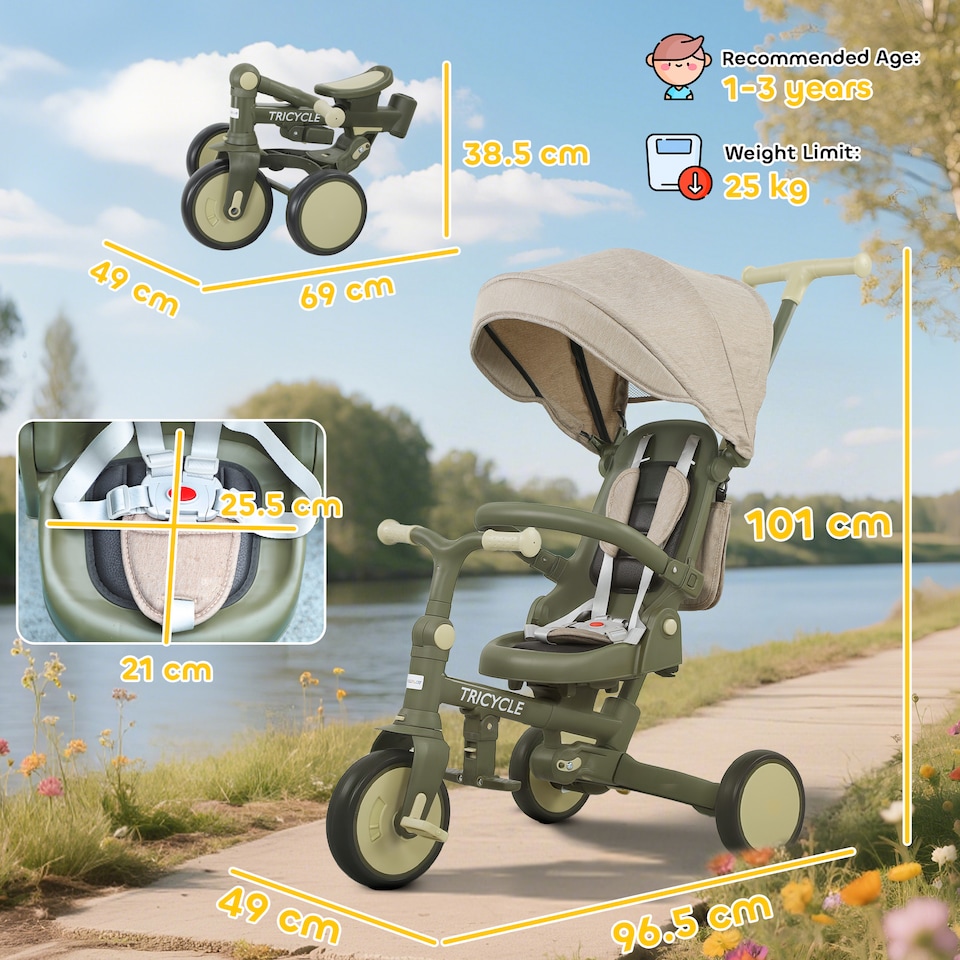 image 1 of AIYAPLAY 5 in 1 Foldable Kids Trike, Toddler Tricycle for 1-3 Years, Dark Green