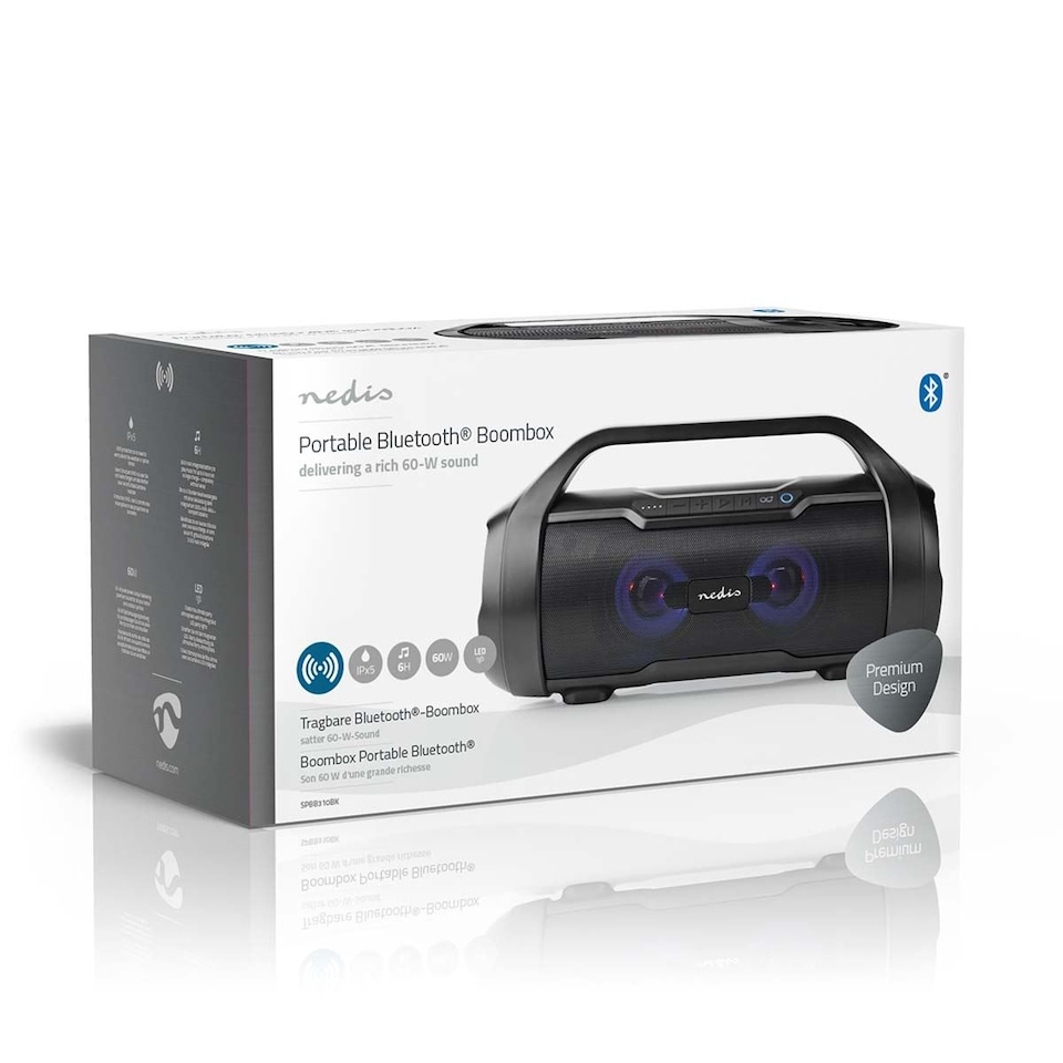 image 1 of Nedis Bluetooth Party Boombox Speaker, 120W Peak Power, 6H Playtime, IPX5 Waterproof, RGB LED Lights, Aux/MicroSD/USB Playback, Bluetooth 5.0, Handle - Black
