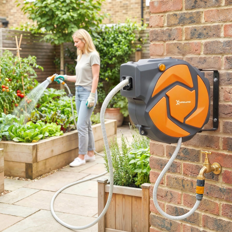 image 1 of DURHAND 10M Water Hose Reel Compact Garden Car Locking Auto Retract Spray