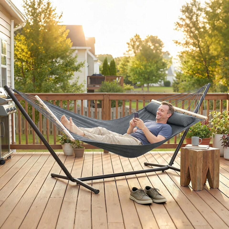 image 1 of Outsunny Cotton Hammock, Soft Portable Swing Chair w/ Headrest | Grey | Blue and White | One Size