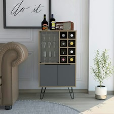 Vegas Grey with Bleached Oak Effect Wine Cabinet - 2 Doors and 1 Glass Door with Push-Open Design | Brown | Brown | 1