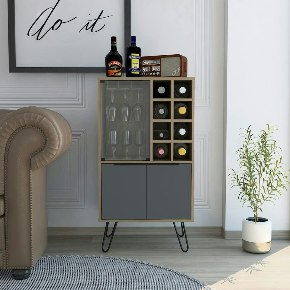image 1 of Vegas Grey with Bleached Oak Effect Wine Cabinet - 2 Doors and 1 Glass Door with Push-Open Design | Brown | Brown | 1