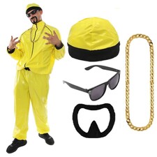 90's Rapper Costume - Hat, Glasses, Goatee & Gold Chain Yellow | 2XL