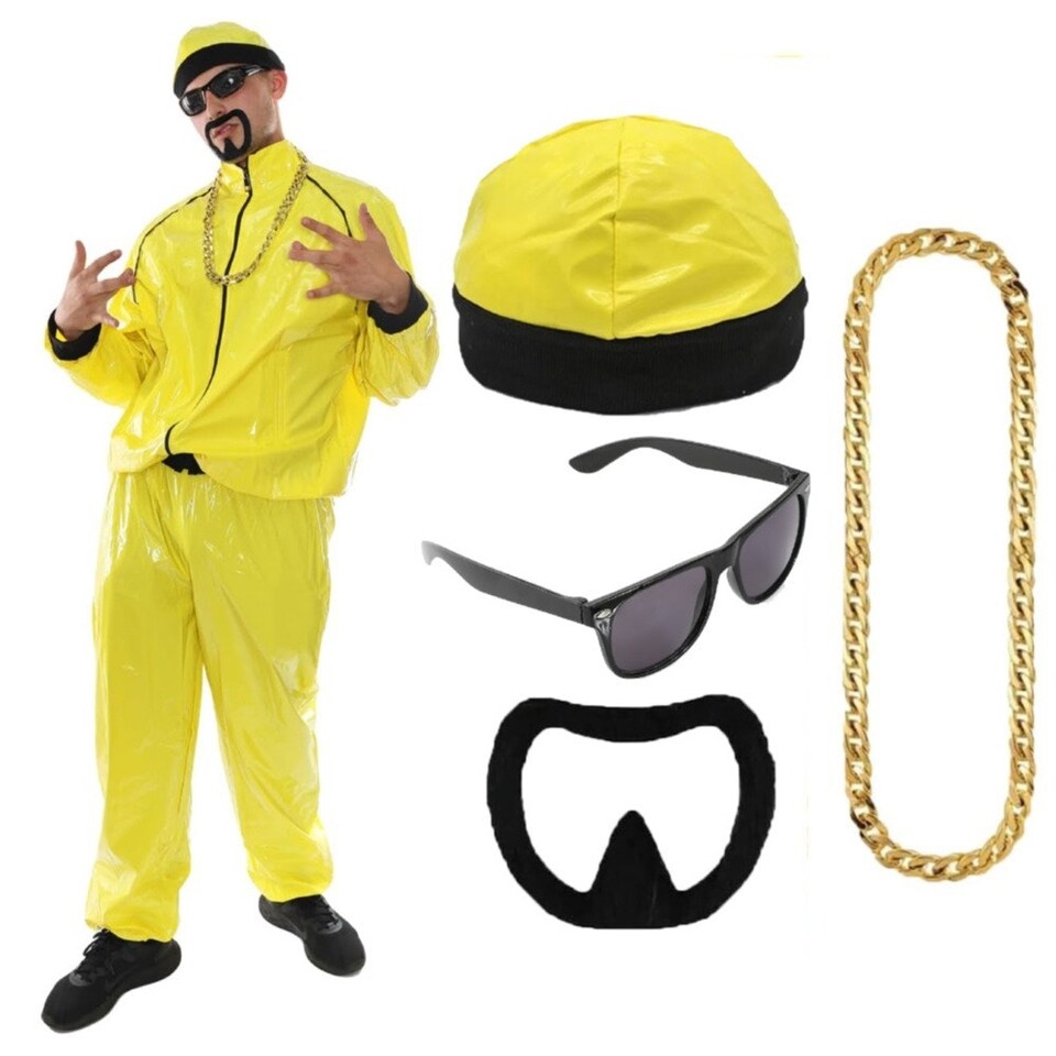 image 1 of 90's Rapper Costume - Hat, Glasses, Goatee & Gold Chain Yellow | 2XL