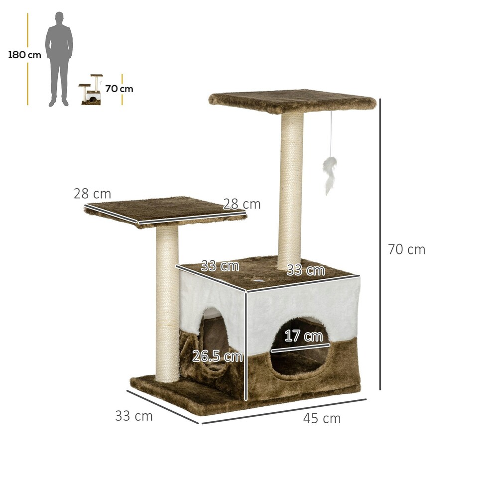 image 1 of PawHut Cat Tree Tower Kitten House Scratching Post with Mouse Toy Brown