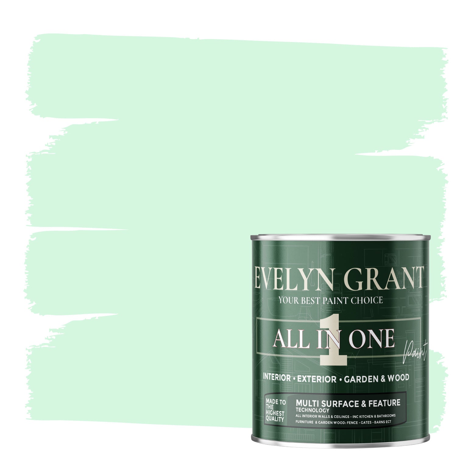 EVELYN GRANT All-in-One Paint & Primer - Multi-Surface for Walls, Wood, Interior & Exterior - Mild Mint - 1L - Matt