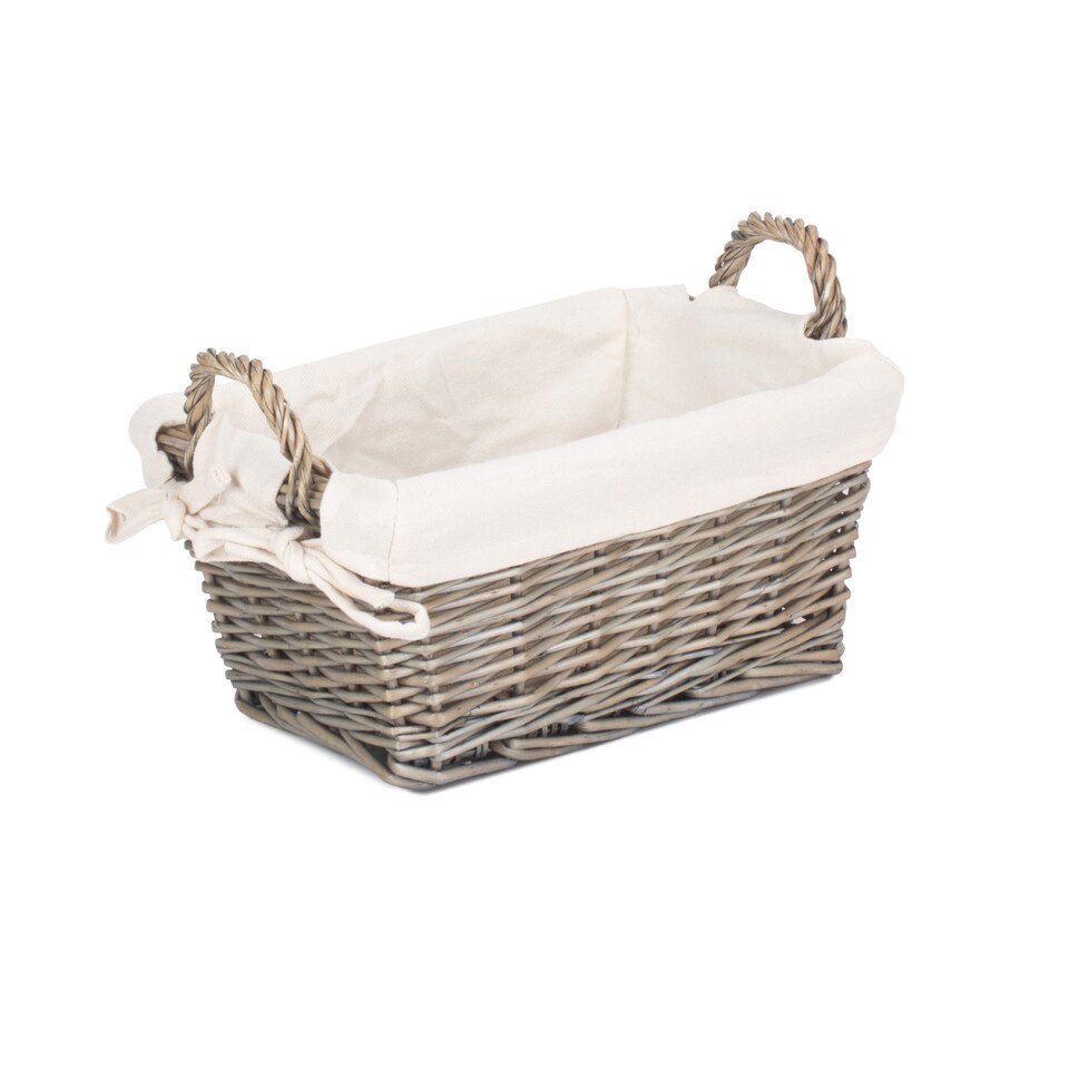 image 1 of Small Antique Wash Handled Lined Storage Basket | White | White