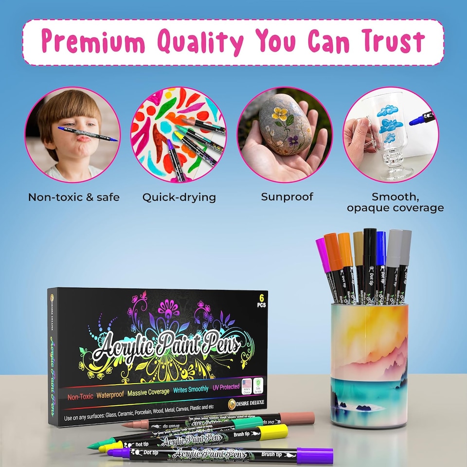 image 1 of Desire Deluxe Acrylic Paint Pens for Rock Painting, Stone, Ceramic, Glass, Wood, Canvas – Set of 6 Non Toxic Water Based Markers - Great Artists Painting Supplies