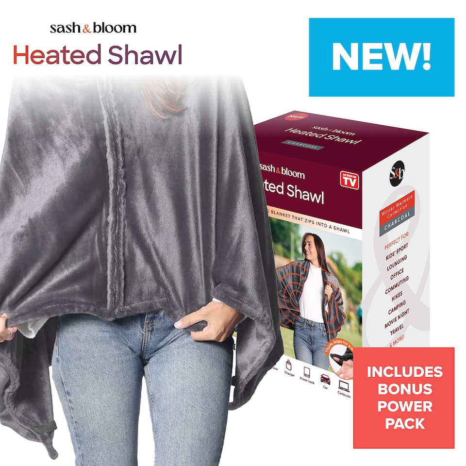 image 1 of Sash & Bloom 2-in-1 Heated Shawl & Blanket with Rechargeable Battery Pack Charcoal