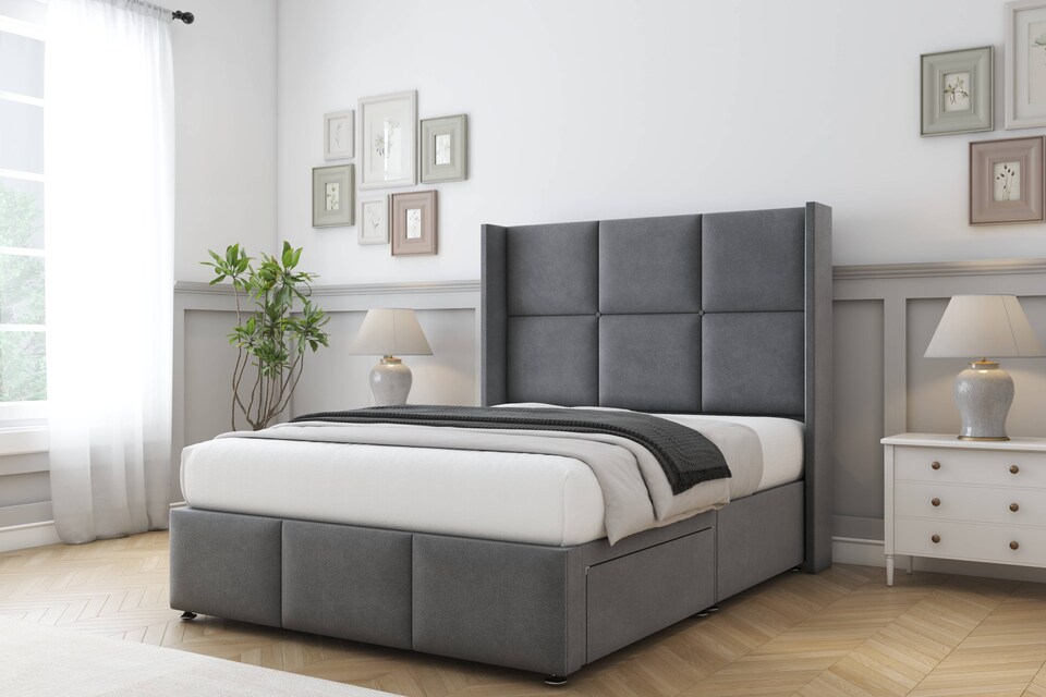 image 1 of Sloomy Beaumont Armour Coniston Divan Bed Base 2 Drawers Foot-End With 54 Inch Wingback Headboard & 12 Inch Matching Footboard | Grey | Armour | Super King | 1