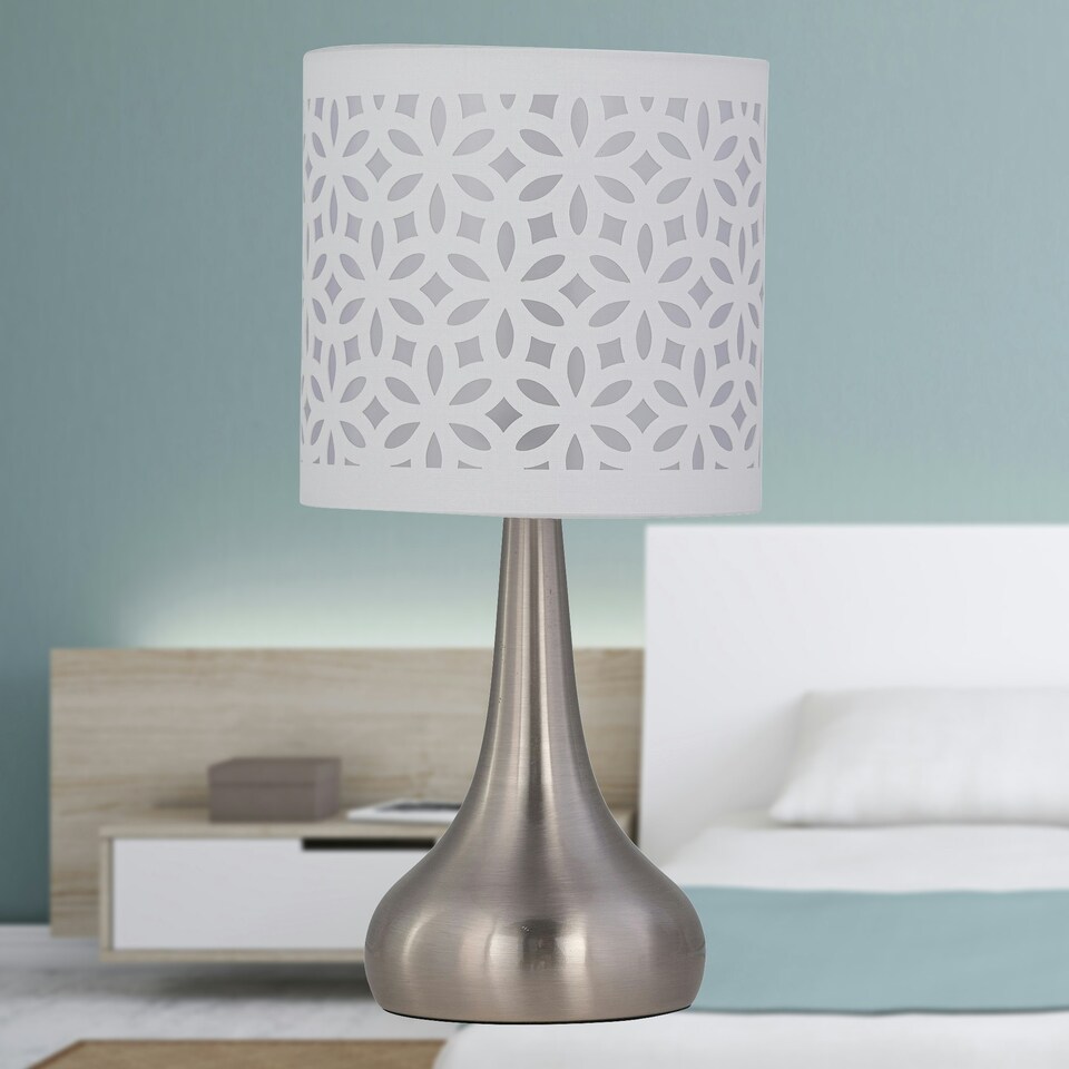 image 1 of Set of 2 Romana - Brushed Chrome Touch Operated Table Lamps Bedside Lights White Laser Cut Shade Silver | White
