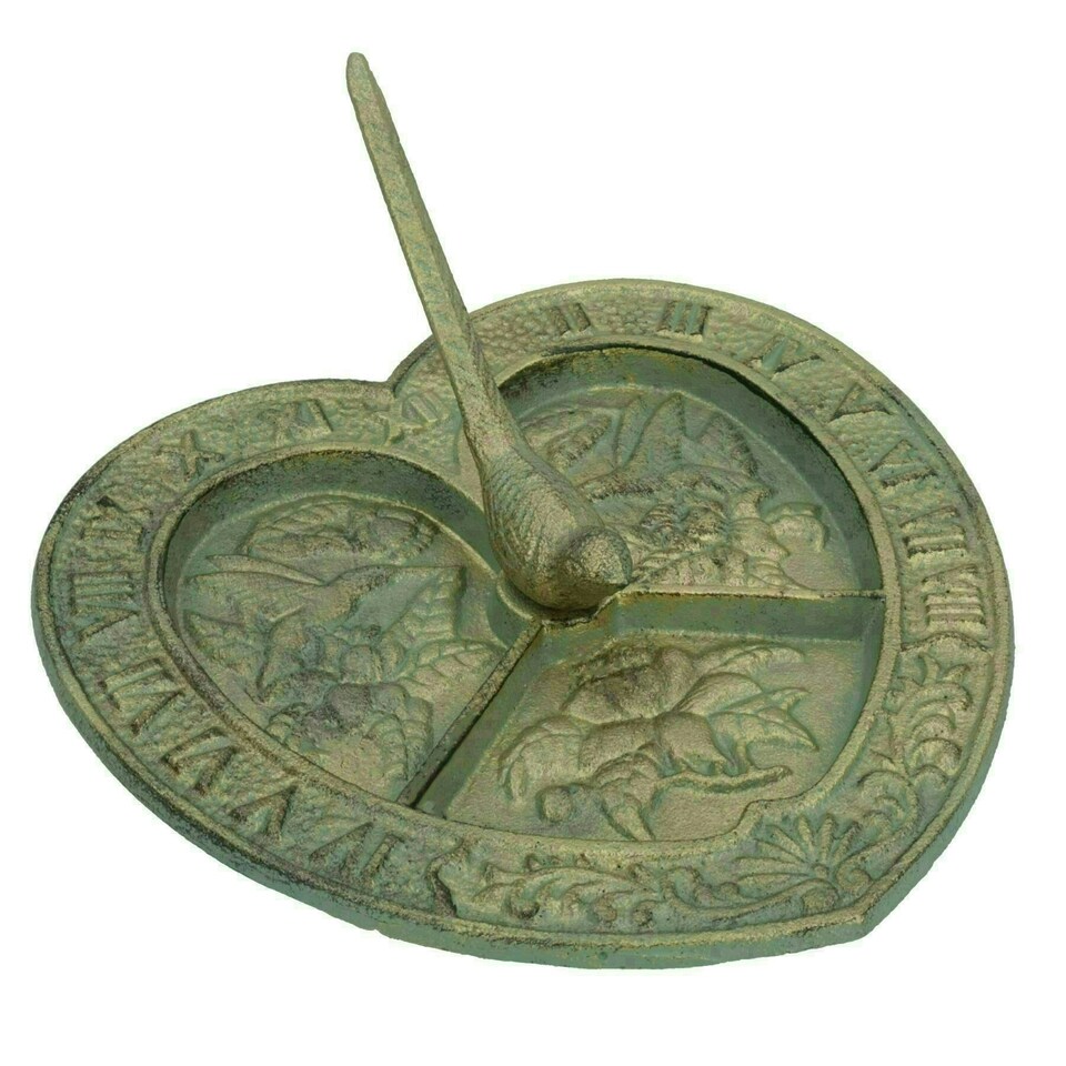 image 1 of Bird Heart Sundial Ornament Cast Iron Garden Yard Feature Statue Clock Metal Green