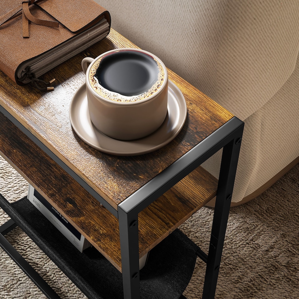 image 1 of HOMCOM Narrow Side Table, Industrial End Table with 3-Tier Storage, V-Shaped Magazine Holder, Slim Nightstand for Living Room, Bedroom, Small Spaces, 43 x 18 x 56 cm, Rustic Brown