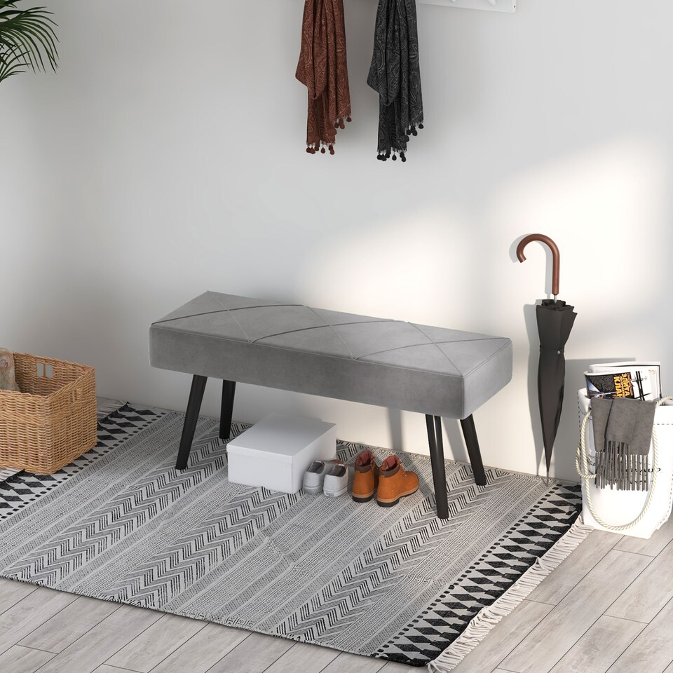image 1 of HOMCOM End of Bed Bench with X-Shape Design and Steel Legs, Upholstered Hallway Bench for Bedroom, Grey