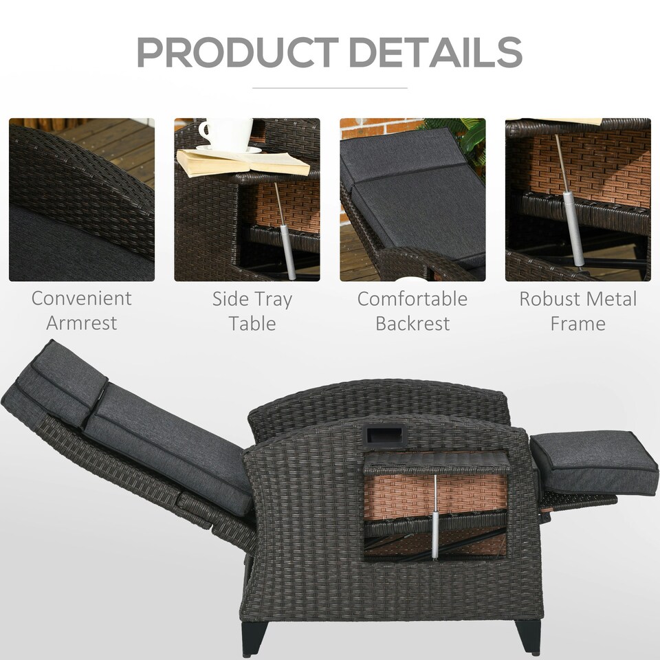 image 1 of Outsunny Garden Recliner w/ Cushion, Reclining Rattan Chair, Dark Grey/Brown