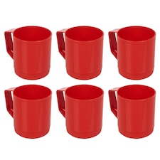 6 Set 260ml Plastic Mug Tumbler Cup & Handle Party BBQ Microwave Dishwasher Safe | Red | Red