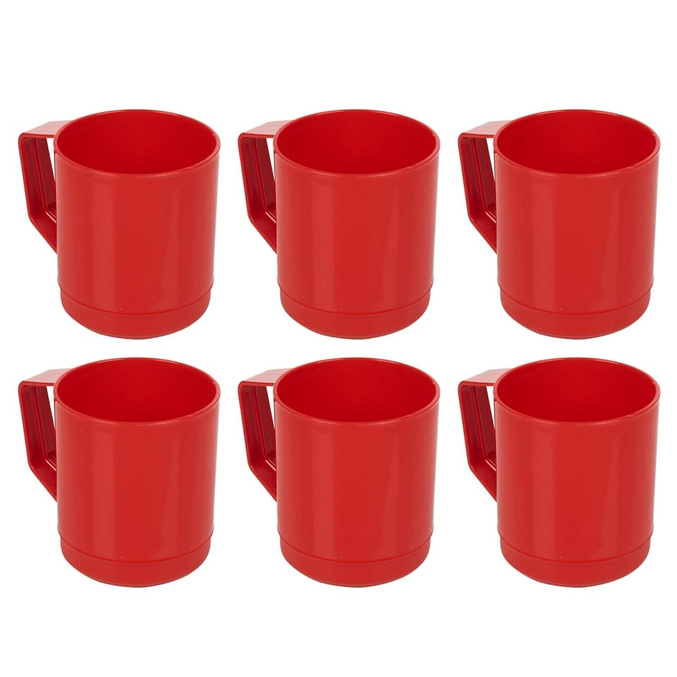 image 1 of 6 Set 260ml Plastic Mug Tumbler Cup & Handle Party BBQ Microwave Dishwasher Safe | Red | Red