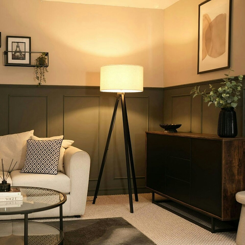 image 1 of ValueLights Barbro Black Tripod Floor Lamp Cream Boucle Shade & Bulb Cream