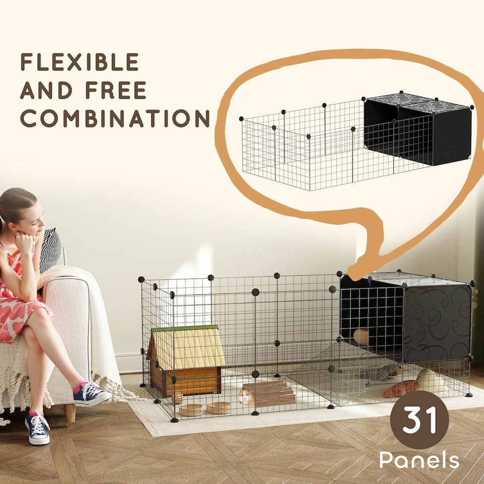 image 1 of PawHut DIY Small Animal Cage w/ Elevated Huts, for Guinea Pigs, Rabbits