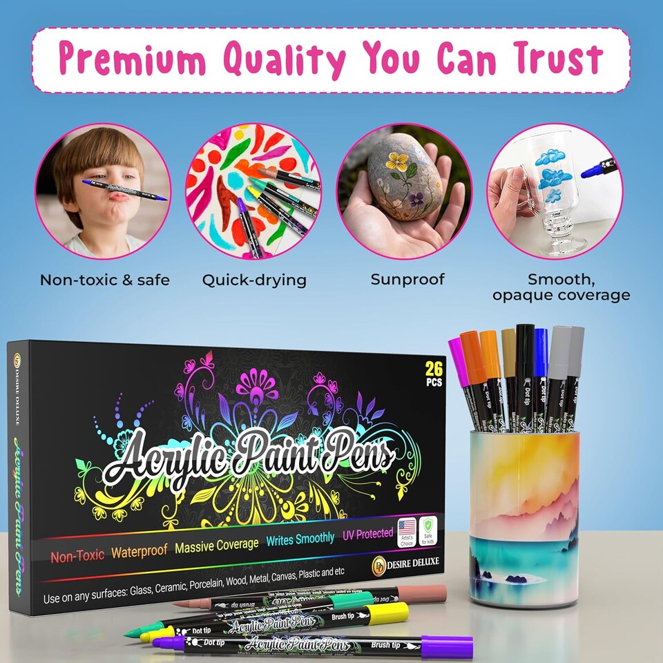 image 1 of Desire Deluxe Acrylic Paint Pens for Rock Painting, Stone, Ceramic, Glass, Wood, Canvas – Set of 26 Non Toxic Water Based Markers - Great Artists Painting Supplies
