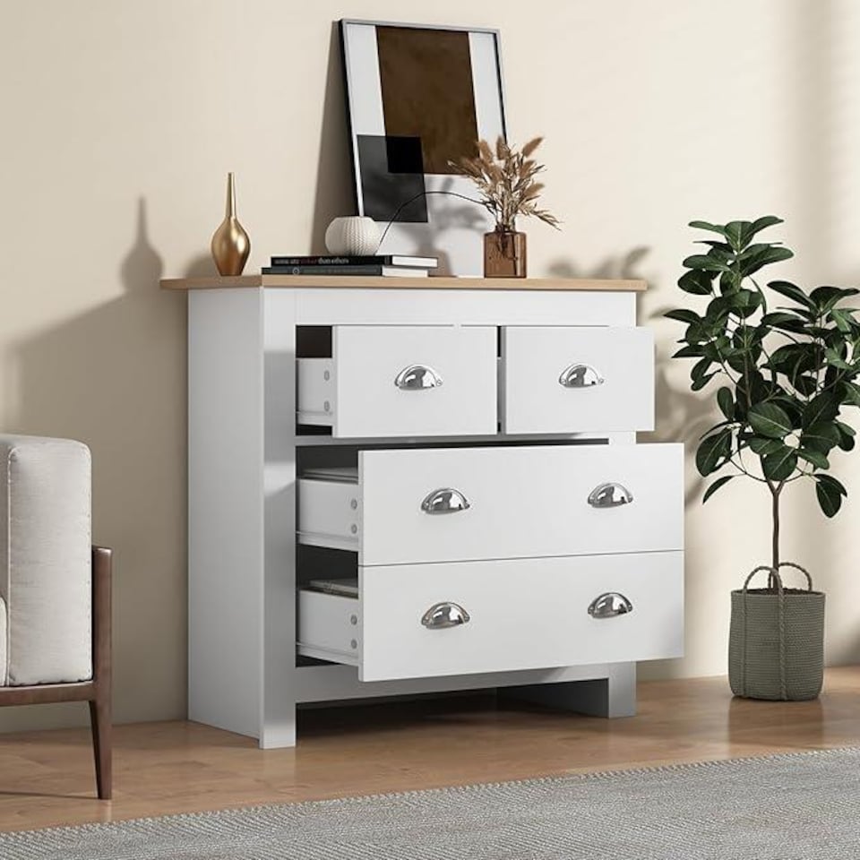 image 1 of 4-Drawer Chest for Bedroom Light Wood Top White Dresser Storage Cabinet