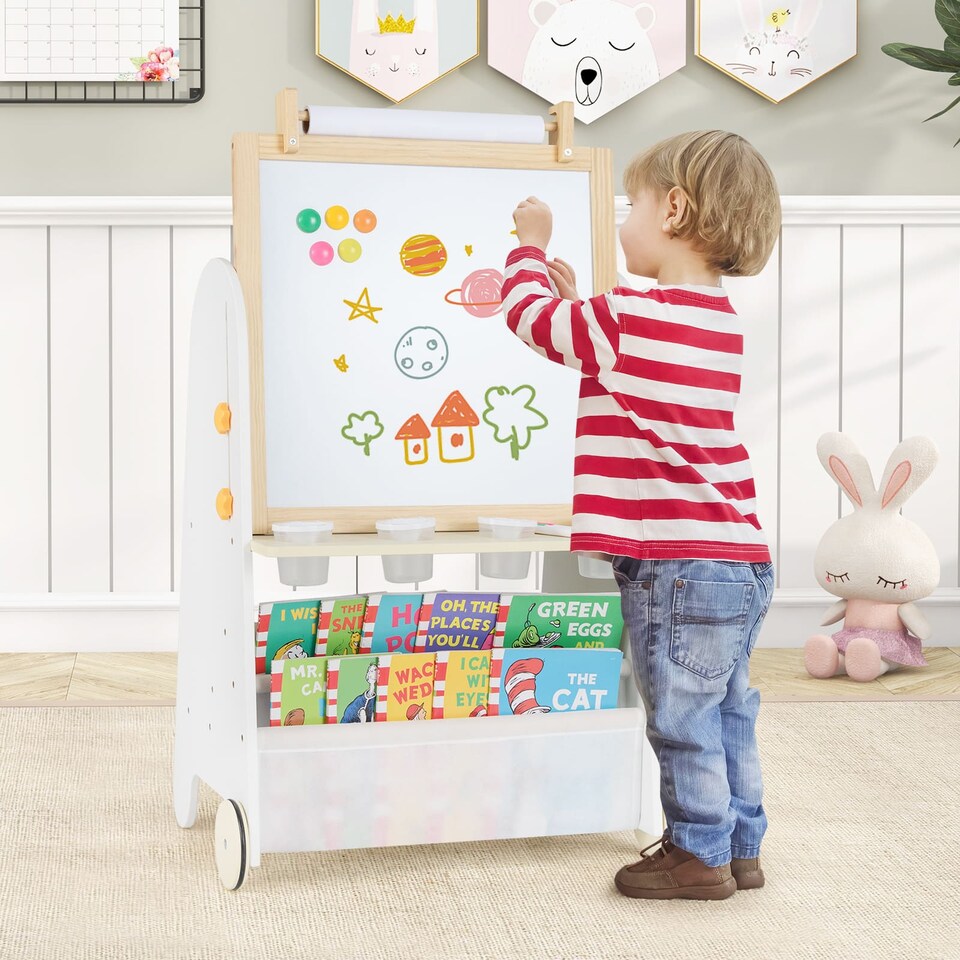 image 1 of COSTWAY Kids Art Easel 4-in-1 Toddler Activity Table Set w/ Whiteboard Natural