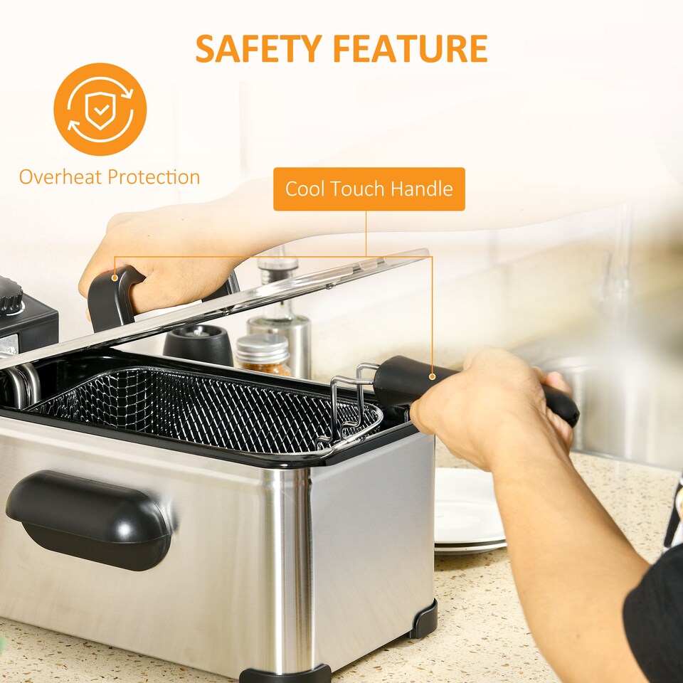 image 1 of HOMCOM 3 Litre Deep Fat Fryer Stainless Steel with Adjustable Temperature, 60min Timer, Removable Oil Basket, Viewing Window and Safety Cut Out, 2000W