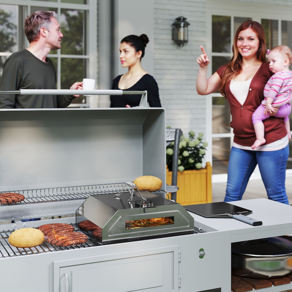 image 1 of Outsunny Outdoor BBQ Pizza Oven with Thermometer for GasCharcoal BBQ Grills