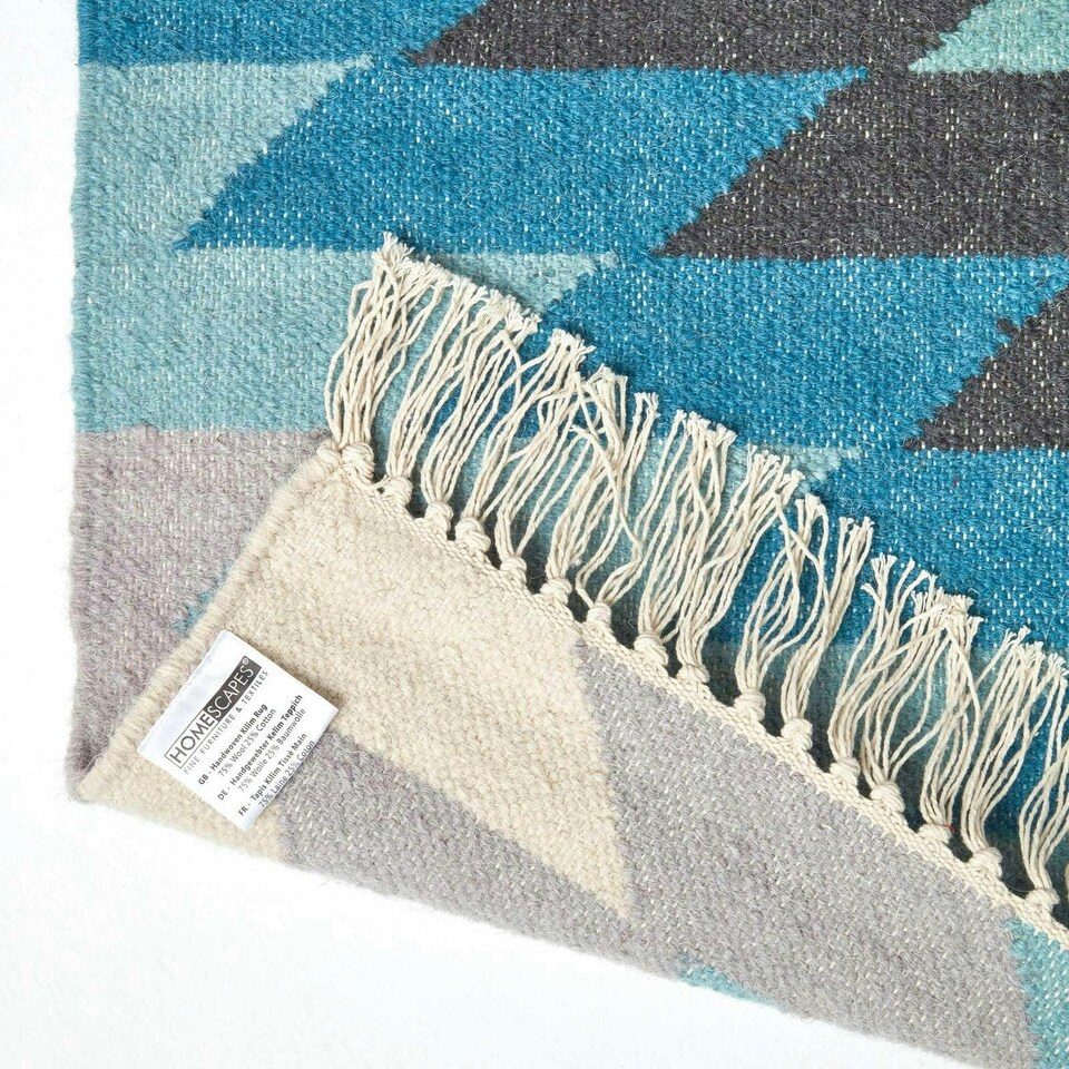 image 1 of Homescapes Helsinki Handwoven Geometric Blue Grey and Cream Kilim Wool Rug - 160 x 230 cm | Blue | Blue, green, grey and Cream
