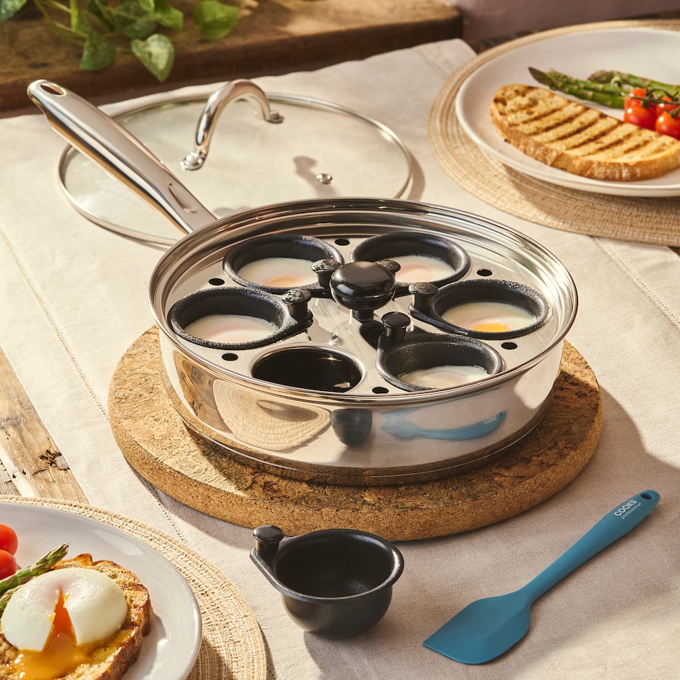 image 1 of Cooks Professional Stainless Steel Egg Poacher Pan with Lid & Spatula - 2, 4 or 6 Cup
