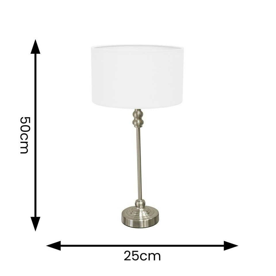 image 1 of ValueLights Maggie Brushed Chrome Candlestick Slim Table Lamp with White Fabric Drum Lamp Shade