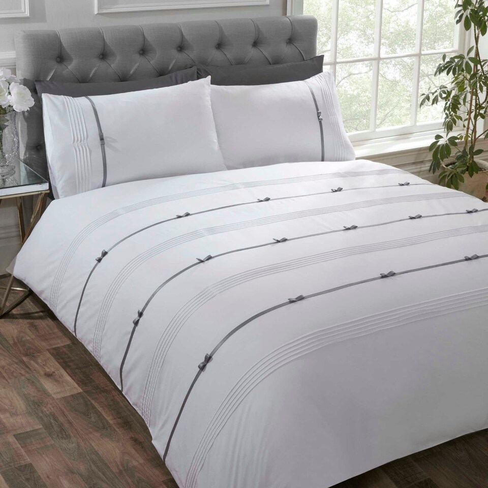image 1 of Clarissa Stripped Polycotton Duvet Cover Set with Pillowcase White | Single