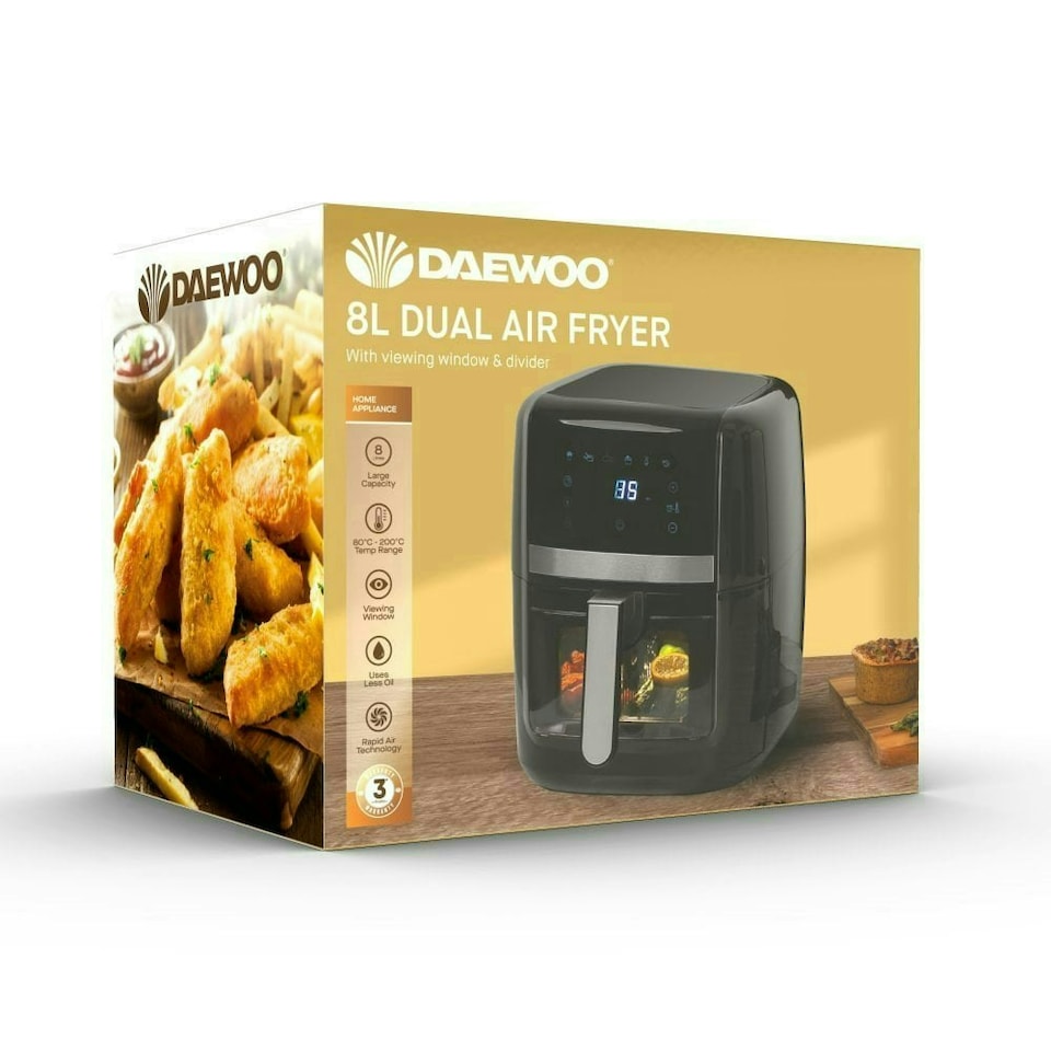 image 1 of Daewoo Family Size 8L Digital Air Fryer w Window & Divider for 2x4L Dual Cooking