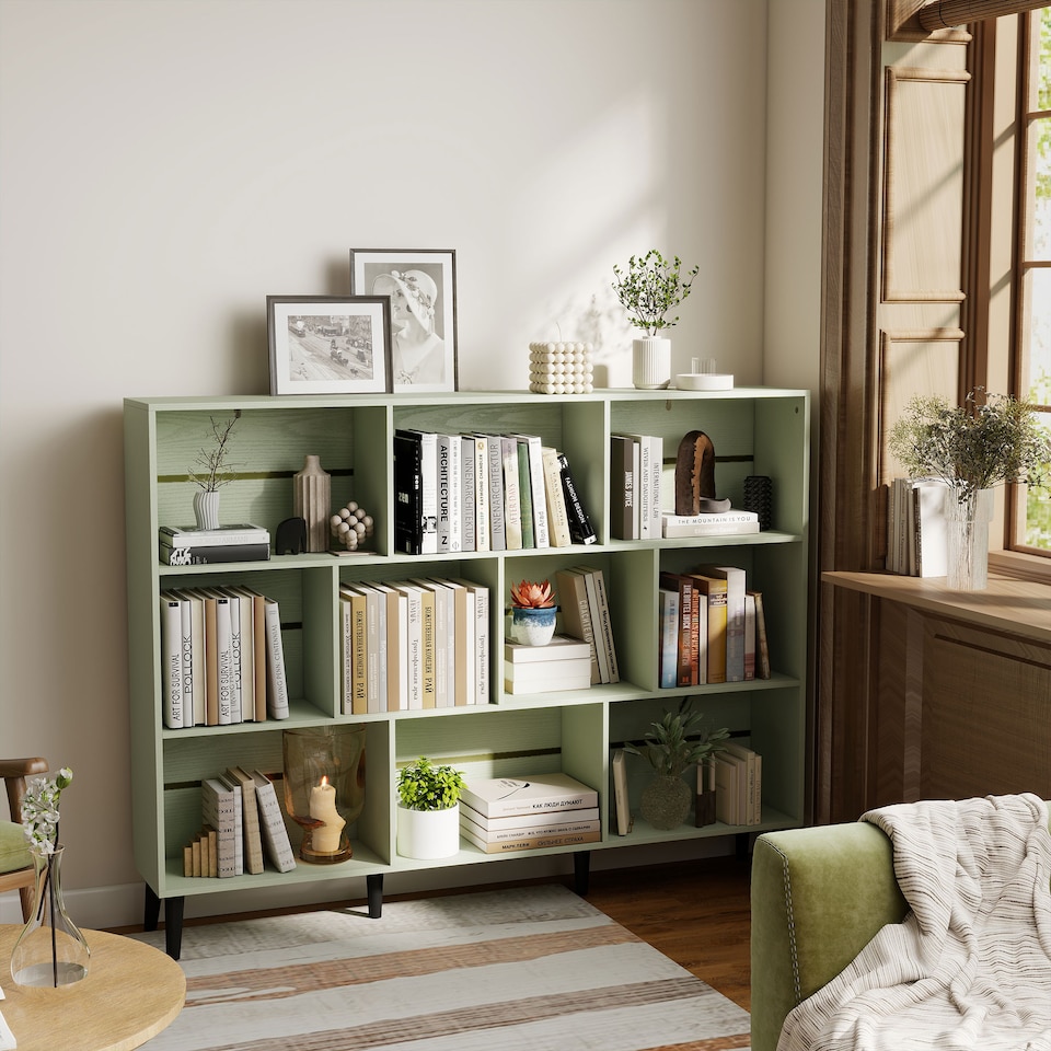 image 1 of HOMCOM 3-Tier Bookshelf with 10 Cubbies, Book Shelf with Wood Legs