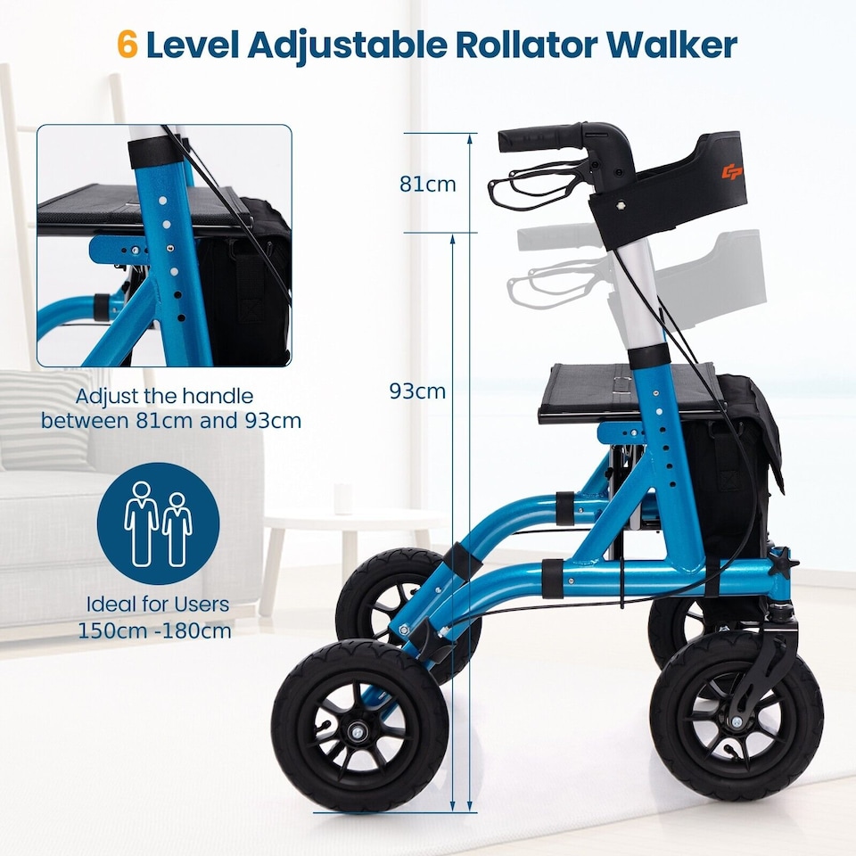 image 1 of COSTWAY Height Adjustable Foldable Rolling Walker with Seat Blue | Blue