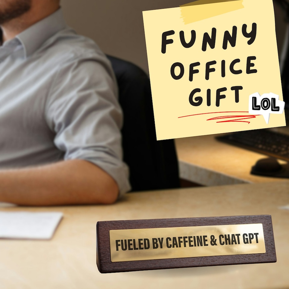 image 1 of Wooden Desk Sign - Fueled by Caffeine & Chat GPT