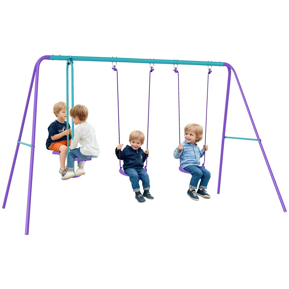 image 1 of Outsunny Metal Swings Set w/ Seesaw, Adjustable Height, Purple