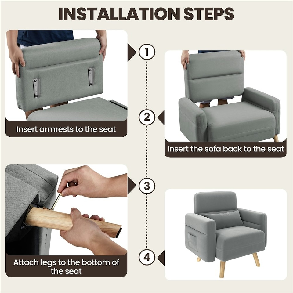 image 1 of Yaheetech Fabric Armchair Chair with Rubberwood Legs Side Pockets and Lumbar Pillow | Grey | Light Grey